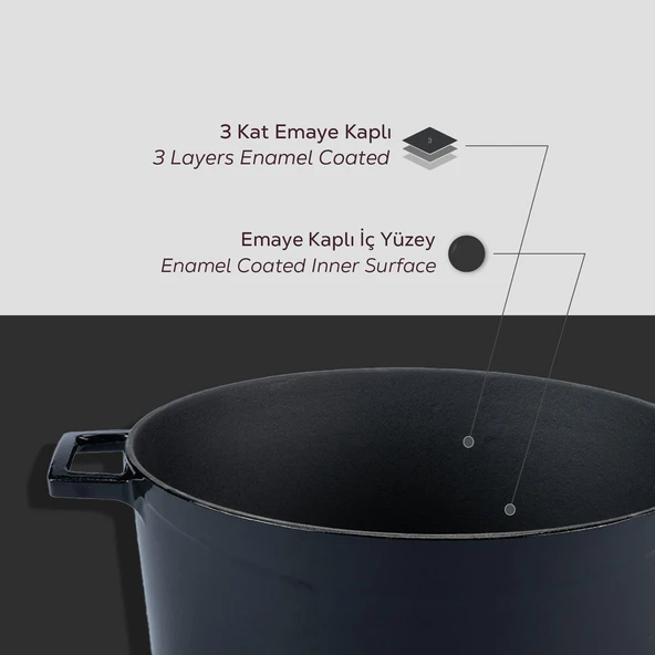 Lava Döküm Yuvarlak Tencere Cam kapaklı. Glaze Çap(Ø)28cm.  Siyah - Resim 6