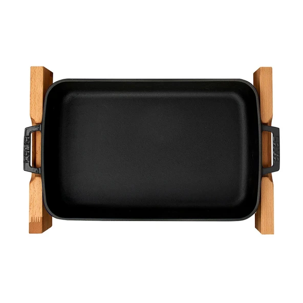 Lava Döküm Dikdörtgen Rosto ve Fırın Tepsisi Kayın Servis Ahşabı Döküm Demir Yekpare Çift Kulplu Ölçü 26x40cm. Siyah - 2