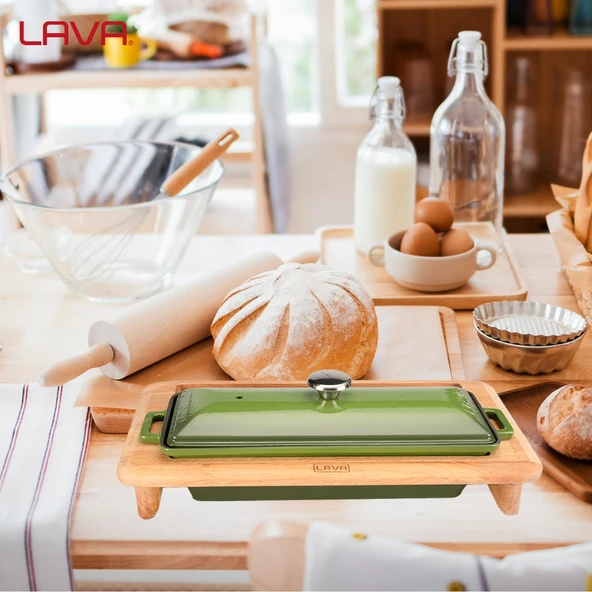 Lava Döküm Ekmek Tenceresi / Kayın Ağacı Servis Standı / Terrine Serisi. Ölçü 11x29cm.  Yeşil - Resim 6