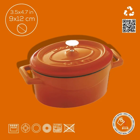 Lava Döküm Mini Oval Tencere. Trendy Serisi Ölçü 9x12cm. Turuncu - 4