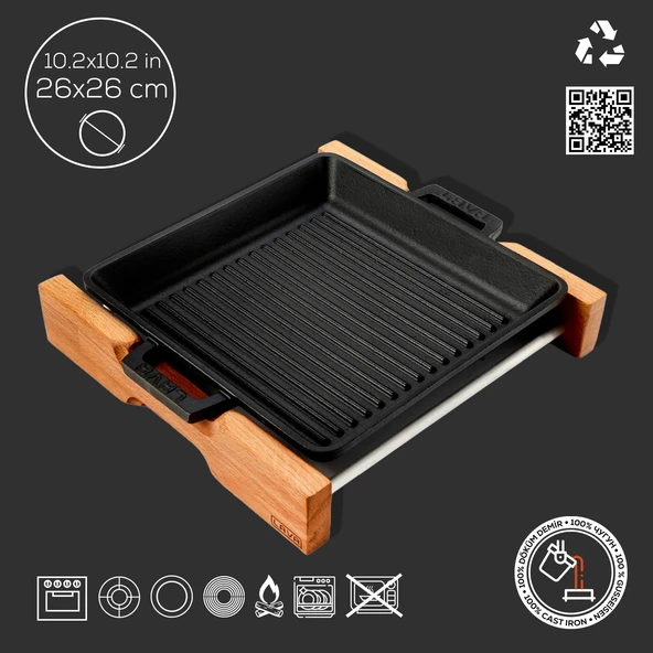 Lava Döküm Kare Izgara Tavası Kayın Servis Ahşabı Döküm Demir Yekpare Çift Kulplu Ölçü 26x26cm. - 4