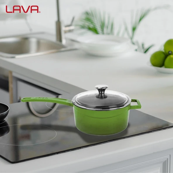 Lava Döküm Yuvarlak Sos Tenceresi Cam kapaklı, Metal Saplı. Glaze Serisi Çap(Ø16 cm.  Yeşil - Resim 7
