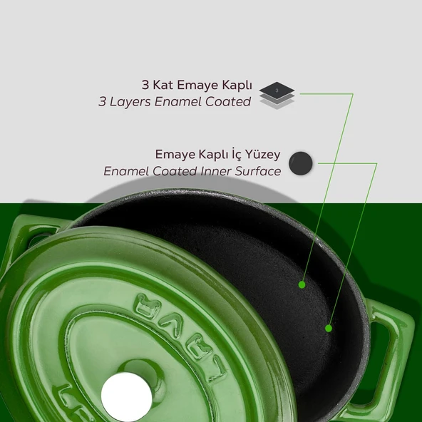 Lava Döküm Mini Oval Tencere. Trendy Serisi Ölçü 9x12cm.  Yeşil - Resim 6
