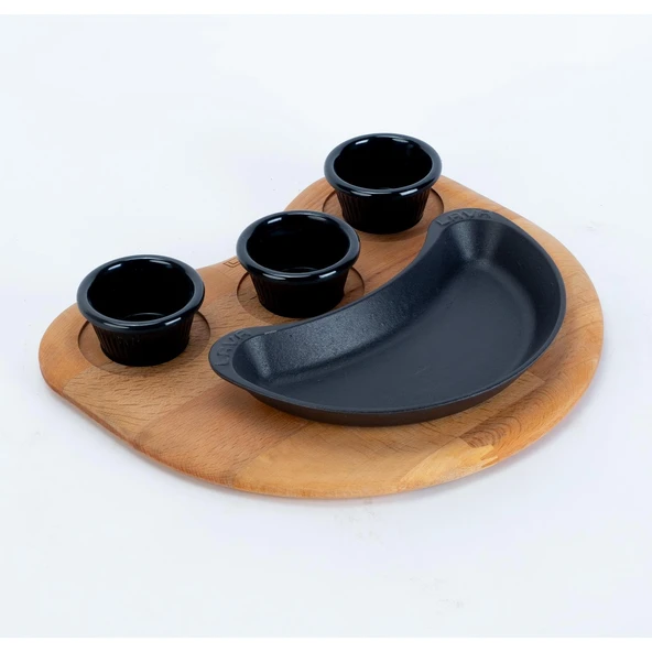 Lava Döküm Böbrek Formlu Fajita Tabağı Kayın Servis Ahşabı Ölçü 10x20cm. (Sos Kapları Dahil Değildir.) ürün görseli 1