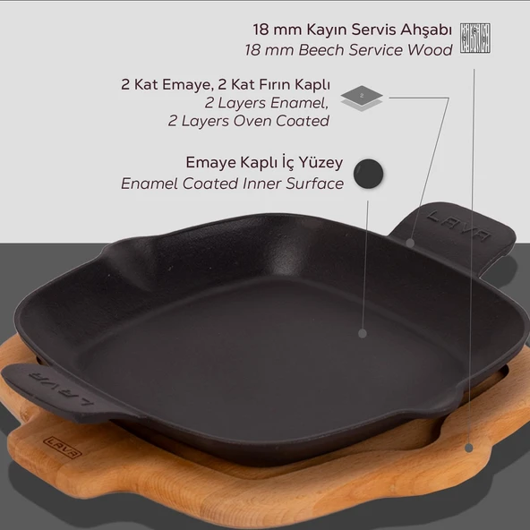 Lava Döküm Kızartma Tavası Kayın Servis Ahşabı Döküm Demir Yekpare Çift Kulplu Ölçü 26x26cm. - 4