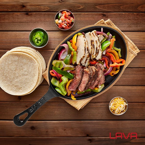 Lava Döküm Oval Fajita Tabağı Döküm Demir Yekpare Saplı Kayın Servis Ahşabı Ölçü 17x23cm. - Resim 5