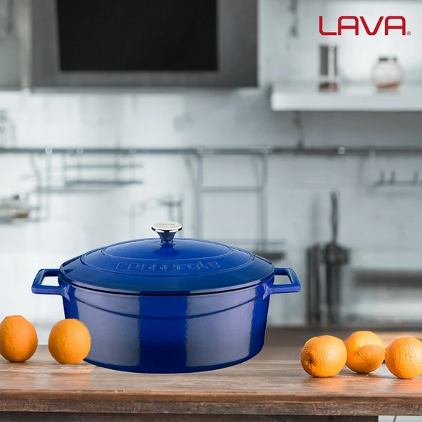 Lava Döküm Oval Tencere. Folk Serisi Ölçü 21x27cm.  Mavi - Resim 7