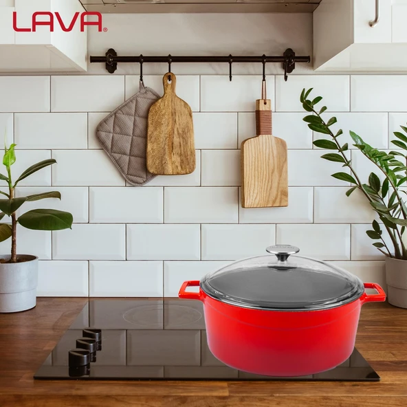 Lava Döküm Yuvarlak Tencere Cam kapaklı. Glaze Çap(Ø)28cm.  Kırmızı - 7