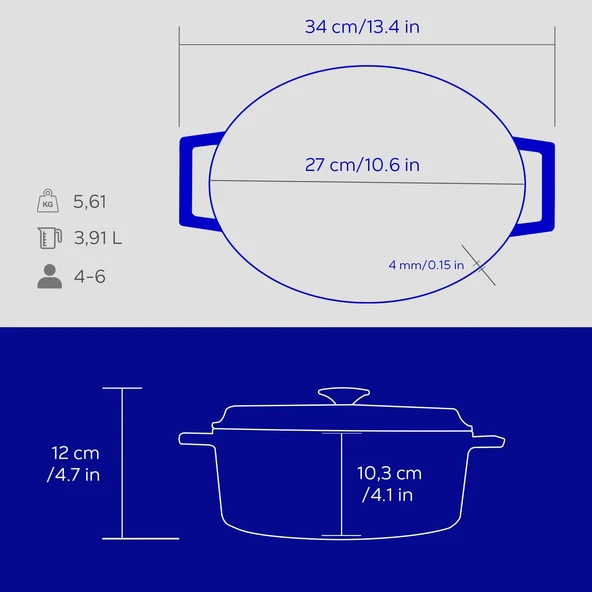 Lava Döküm Oval Tencere Döküm Demir Yekpare Kulplu Premium Serisi Ölçü 21x27cm.  Mavi - Resim 6