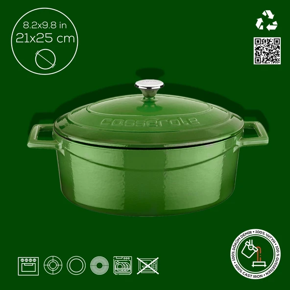 Lava Döküm Oval Tencere. Folk Serisi Ölçü 21x25cm.  Yeşil - Resim 4