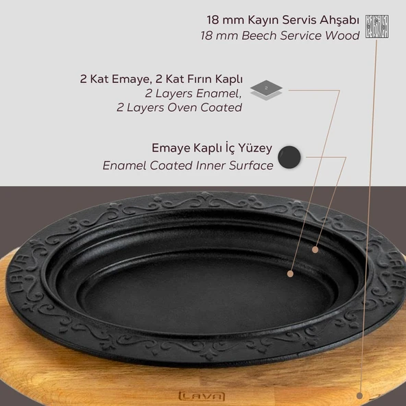 Lava Döküm Oval Döner, Kebap Tabağı, ahşap altlıklı. Ölçü 21x16cm. - Resim 6