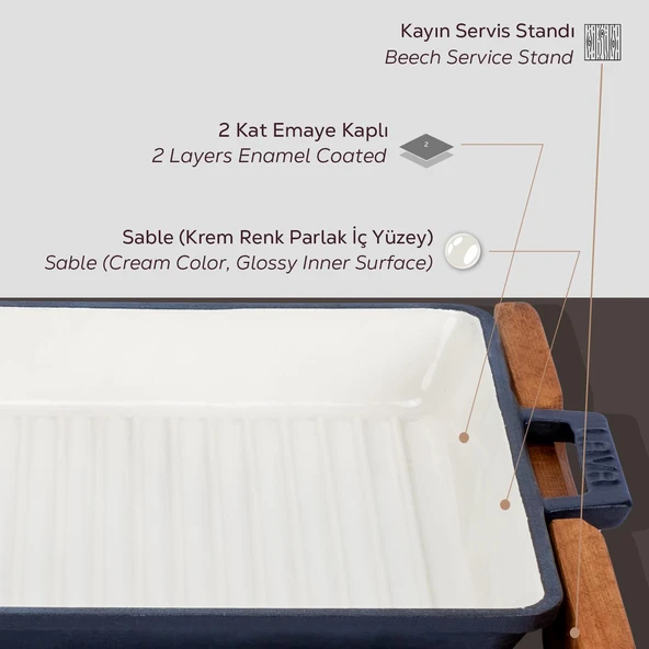 Lava Döküm Kare Izgara Tavası Kayın Servis Ahşabı Döküm Demir Yekpare Çift Kulplu İçi Sable Ölçü  26x26cm. - 6