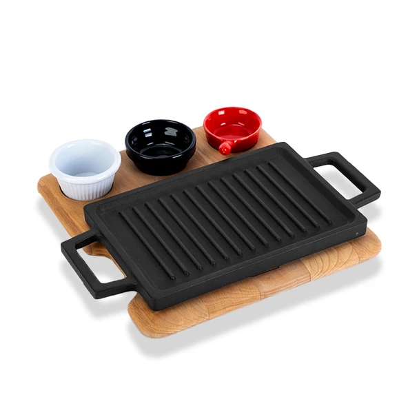 Lava Döküm Dikdörtgen Çift Yön Izgara ve Düz Yüzey Hot Plate Kayın Servis Ahşabı Ölçü 22x15cm. (Sos kapları dahil değildir.)