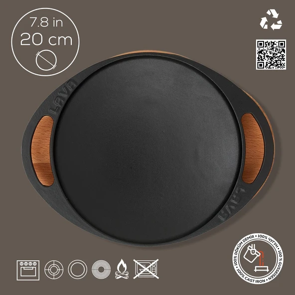 Lava Döküm Yuvarlak Saç Kavurma Tavası Döküm Demir Yekpare Çift Kulplu Kayın Servis Ahşabı Çap(Ø)20cm. - Resim 3