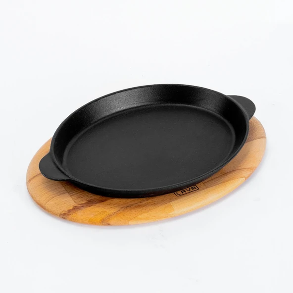 Lava Döküm Oval Fajita Tabağı Döküm Demir Yekpare Çift Kulplu Kayın Servis Ahşabı Ölçü 18x24cm.