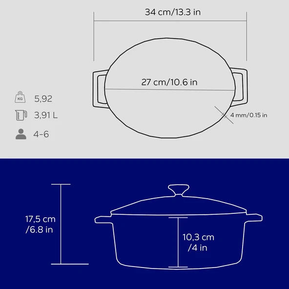 Lava Döküm Oval Tencere. Folk Serisi Ölçü 21x27cm.  Mavi - Resim 5