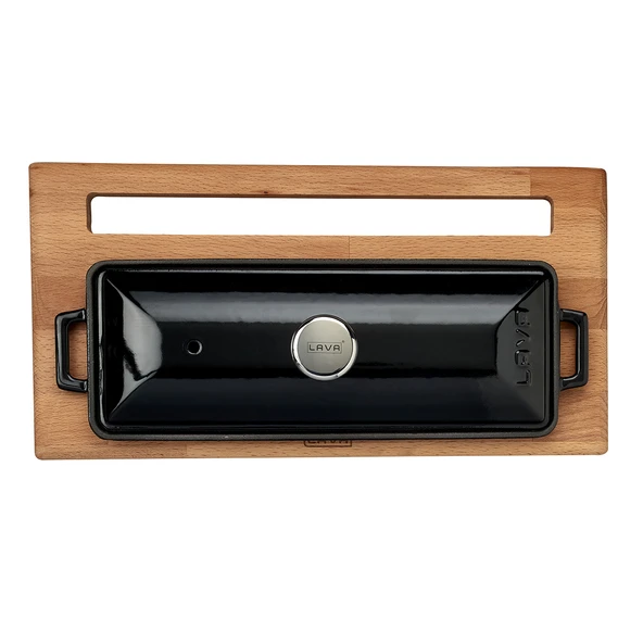 Lava Döküm Ekmek Tenceresi / Kayın Ağacı Servis Standı / Terrine Serisi. Ölçü 11x29cm.  Siyah - Resim 3