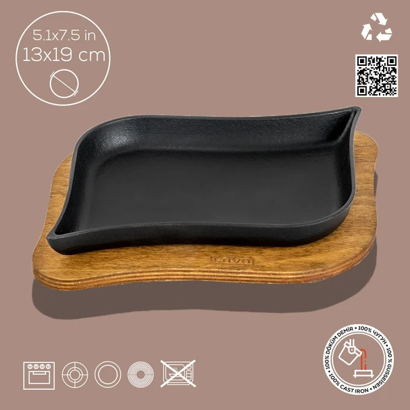Lava Döküm Dikdörtgen Servis Tabağı ve Ahşap altlığı. Ölçü 13x19cm. - 4