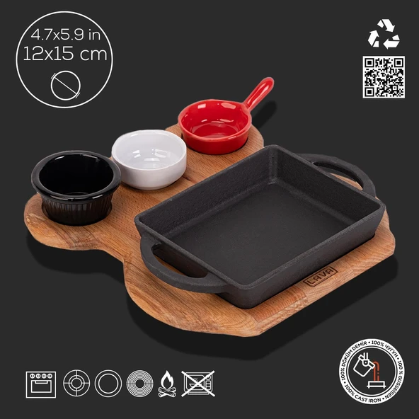 Lava Döküm Dikdörtgen Sahan Döküm Demir Yekpare Çift Kulplu Kayın Servis Ahşabı Ölçü 12x15cm. (Sos kapları dahil değildir.) - Resim 2