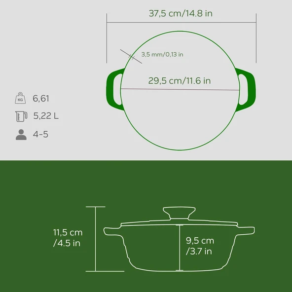 Lava Döküm Yuvarlak Tencere Döküm Demir Kapak Experience Majolik Serisi Çap(Ø)28cm  Yeşil - Resim 5