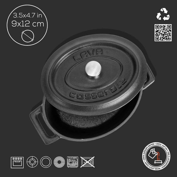 Lava Döküm Mini Oval Tencere. Trendy Serisi Ölçü 9x12cm.  Mat Siyah - 4
