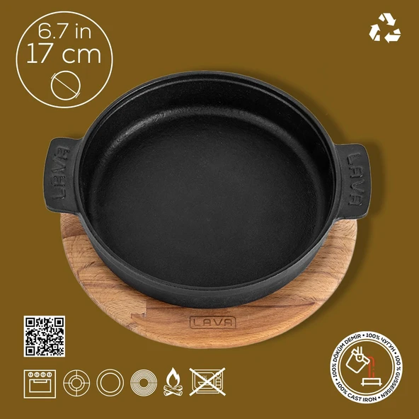 Lava Döküm Yuvarlak Güveç Kabı Döküm Demir Yekpare Çift Kulplu Kayın Servis Ahşabı Çap(Ø)17cm. - 2