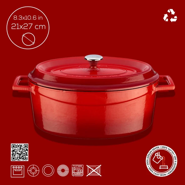 Lava Döküm Oval Tencere. Trendy Serisi Ölçü 21x27cm.  Kırmızı - Resim 4