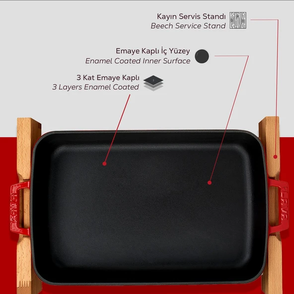 Lava Döküm Dikdörtgen Rosto ve Fırın Tepsisi Kayın Servis Ahşabı Döküm Demir Yekpare Çift Kulplu Ölçü 22x30cm.  Kırmızı - 6