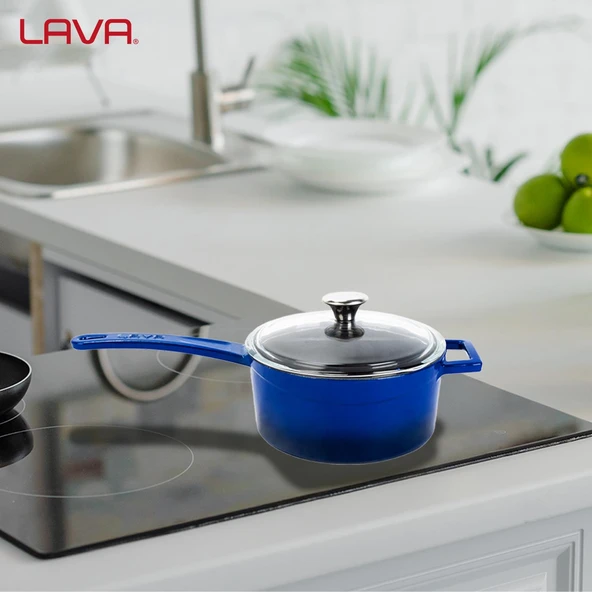 Lava Döküm Yuvarlak Sos Tenceresi Cam kapaklı, Metal Saplı. Glaze Serisi Çap(Ø16 cm.  Mavi - 7