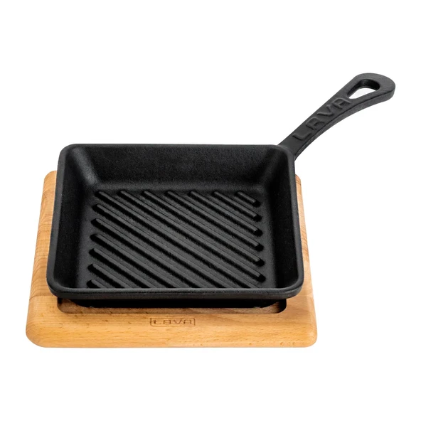 Lava Döküm Mini Kare Izgara Tava Kayın Ahşap Altlıklı Döküm Demir Yekpare Saplı Ölçü 16x16cm. - Resim 2