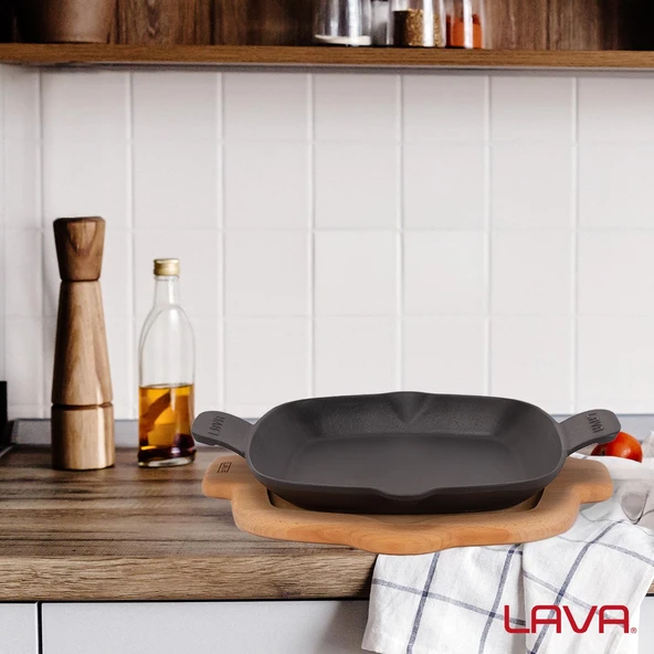 Lava Döküm Kızartma Tavası Kayın Servis Ahşabı Döküm Demir Yekpare Çift Kulplu Ölçü 26x26cm. - 5