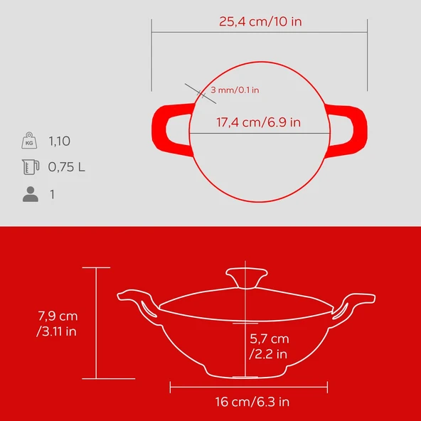Lava Döküm Mini Wok Yekpare Kulplu Cam Kapaklı Edition Serisi Çap(Ø)16cm.  Kırmızı - Resim 6