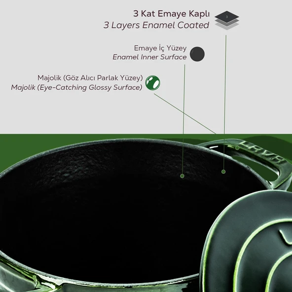 Lava Döküm Yuvarlak Tencere Döküm Demir Kapak Experience Majolik Serisi Çap(Ø)23cm  Yeşil - Resim 6