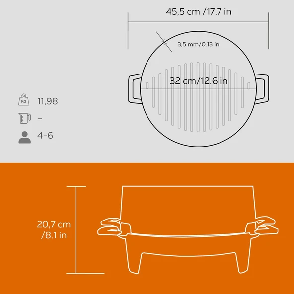 Lava Döküm Yuvarlak Mangal Izgara Set Döküm Demir Yekpare Çift Kulplu Çap (Ø)36cm. Turuncu - 6