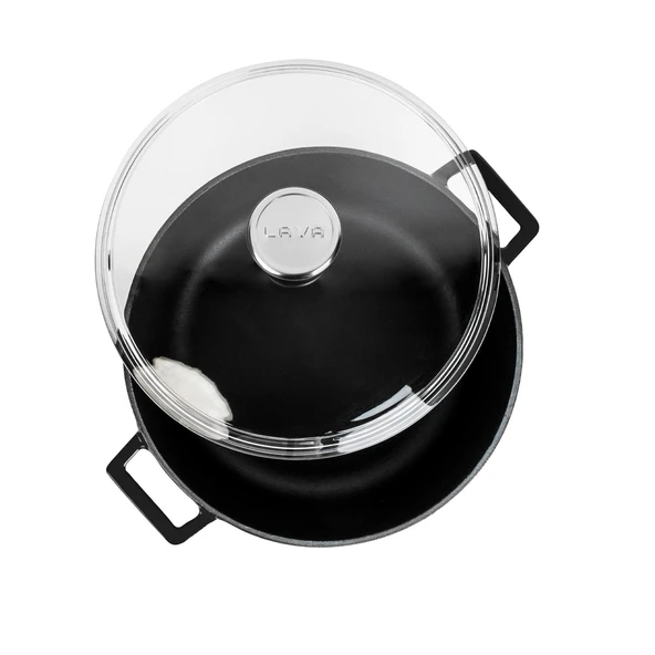 Lava Döküm Yuvarlak Tencere Cam kapaklı. Glaze Çap(Ø)28cm.  Siyah - Resim 3