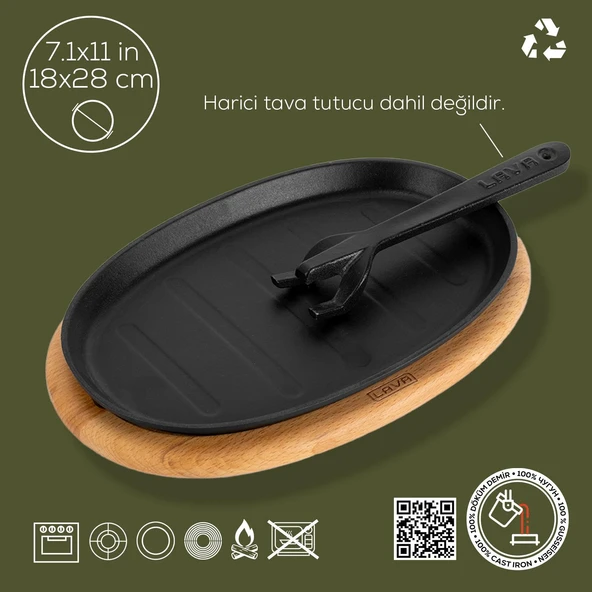 Lava Döküm Oval Fajita Tabağı Kayın Servis Ahşabı Ölçü 18x28cm. (Harici tava tutucu dahil değildir.) - Resim 2