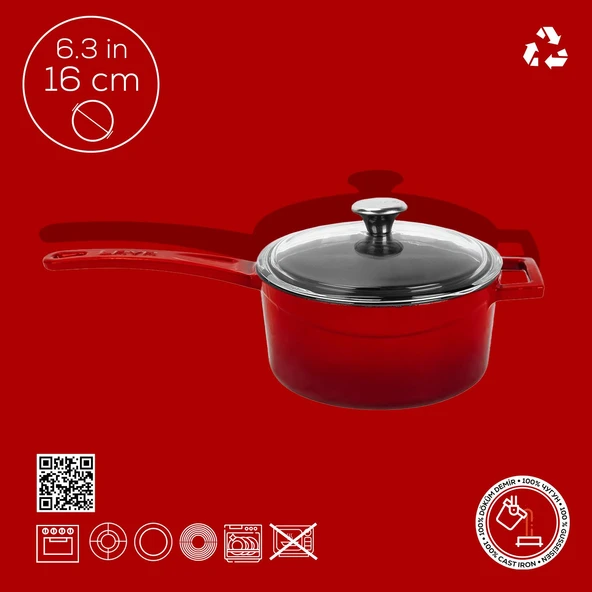 Lava Döküm Yuvarlak Sos Tenceresi Cam kapaklı, Metal Saplı. Glaze Serisi Çap(Ø16 cm.  Kırmızı - Resim 4