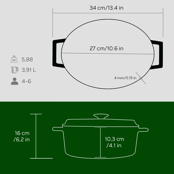 Lava Döküm Oval Tencere. Trendy Serisi Ölçü 21x27cm.  Yeşil - Resim 5