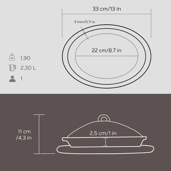 Lava Döküm Oval Döner, Kebap Tabağı Kayın Servis Ahşabı ve Bakır Dövme Formlu Kapak Ölçü 28x20cm. - Resim 3