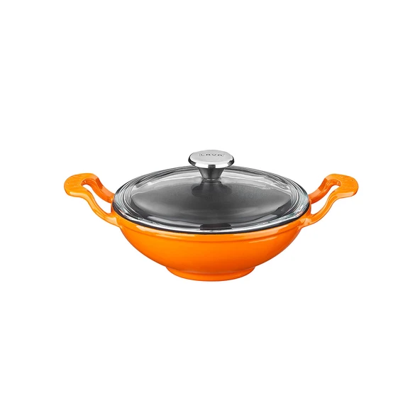 Lava Döküm Mini Wok Yekpare Kulplu Cam Kapaklı Çap(Ø)16cm.  Turuncu