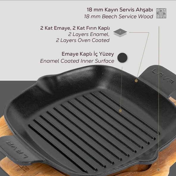 Lava Döküm Izgara Tavası Kayın Servis Ahşabı Döküm Demir Yekpare Çift Kulplu Ölçü 26x26cm. - Resim 4