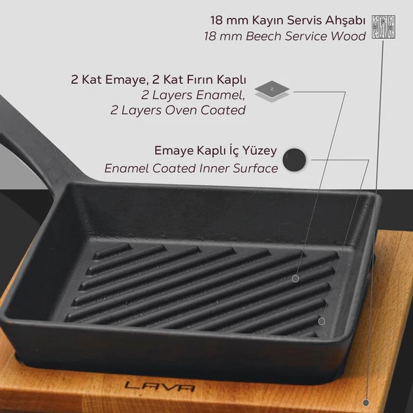 Lava Döküm Mini Kare Izgara Tava Kayın Ahşap Altlıklı Döküm Demir Yekpare Saplı Ölçü 16x16cm. - Resim 6