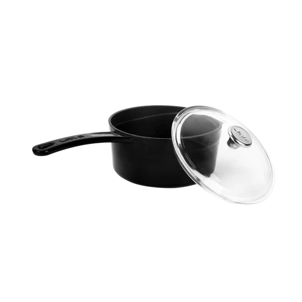 Lava Döküm Yuvarlak Sos Tenceresi Cam kapaklı, Metal Saplı. Glaze Serisi Çap(Ø16 cm.  Siyah - Resim 2