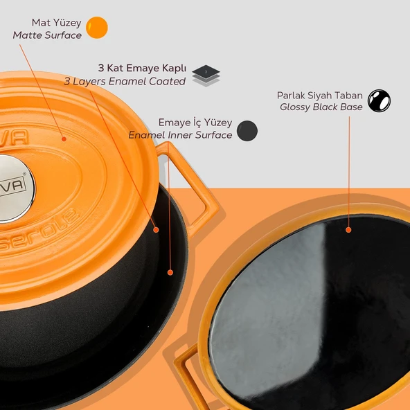 Lava Döküm Oval Tencere Döküm Demir Yekpare Kulplu Spring Serisi Ölçü 21x27cm.  Turuncu - Resim 6