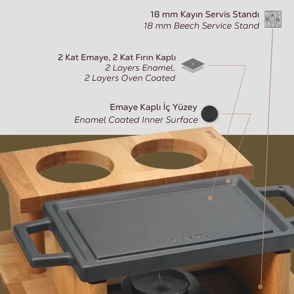 Lava Döküm Dikdörtgen Çift Yön Izgara ve Düz Yüzey Hot Plate Kayın Servis Ahşabı Ölçü 22x15cm. (Iısıtıcı dahil değildir) - Resim 5