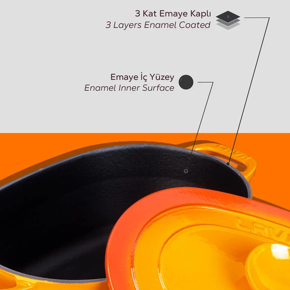 Lava Döküm Oval Tencere Döküm Demir Kapak Experience Serisi Ölçü 24x33cm.  Turuncu - Resim 6