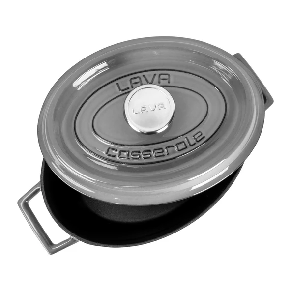 Lava Döküm Oval Tencere Döküm Demir Yekpare Kulplu Premium Serisi Ölçü 21x27cm.  Gri - Resim 2
