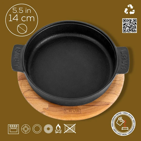 Lava Döküm Yuvarlak Güveç Kabı Döküm Demir Yekpare Çift Kulplu Kayın Servis Ahşabı Çap(Ø)14cm. - 2