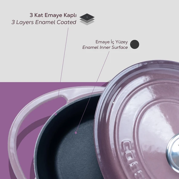 Lava Döküm Oval Tencere Döküm Demir Kapak Heritage Serisi Ölçü 22x28cm.  Mor - Resim 7