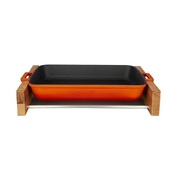 Lava Döküm Dikdörtgen Rosto ve Fırın Tepsisi Kayın Servis Ahşabı Döküm Demir Yekpare Çift Kulplu Ölçü 22x30cm.  Turuncu - 1